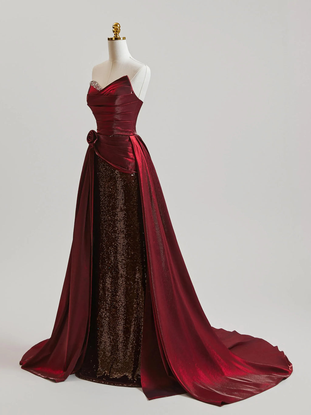 Gorgeous Prom Dress Burgundy A Line Strapless With Ruched Satin Sequins And Train For Teens