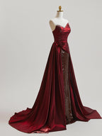 Gorgeous Prom Dress Burgundy A Line Strapless With Ruched Satin Sequins And Train For Teens