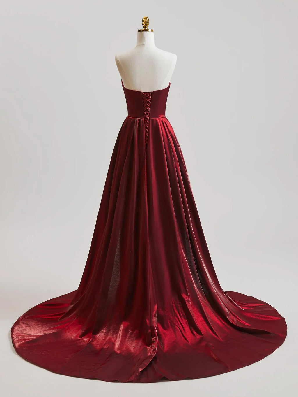 Gorgeous Prom Dress Burgundy A Line Strapless With Ruched Satin Sequins And Train For Teens