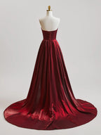 Gorgeous Prom Dress Burgundy A Line Strapless With Ruched Satin Sequins And Train For Teens