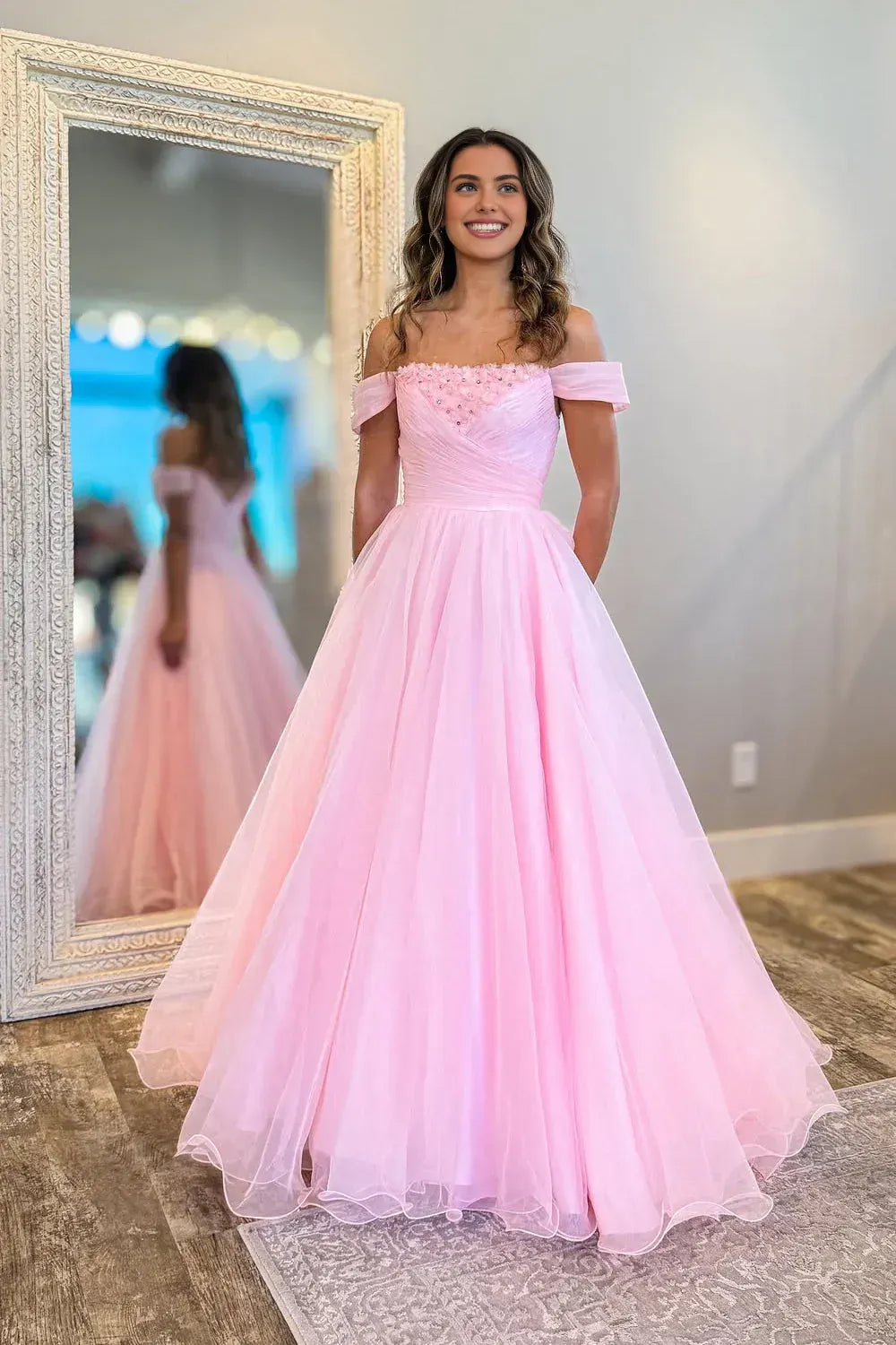 Ball Gown Off the Shoulder Sleeveless Beading Floor-Length Prom Dress
