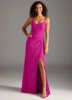 Exquisite Chiffon Form-Fitting Cowl Neck Spaghetti Strap V-Back Floor-Length Bridesmaid Dress with Ruched Waist for Wedding Events