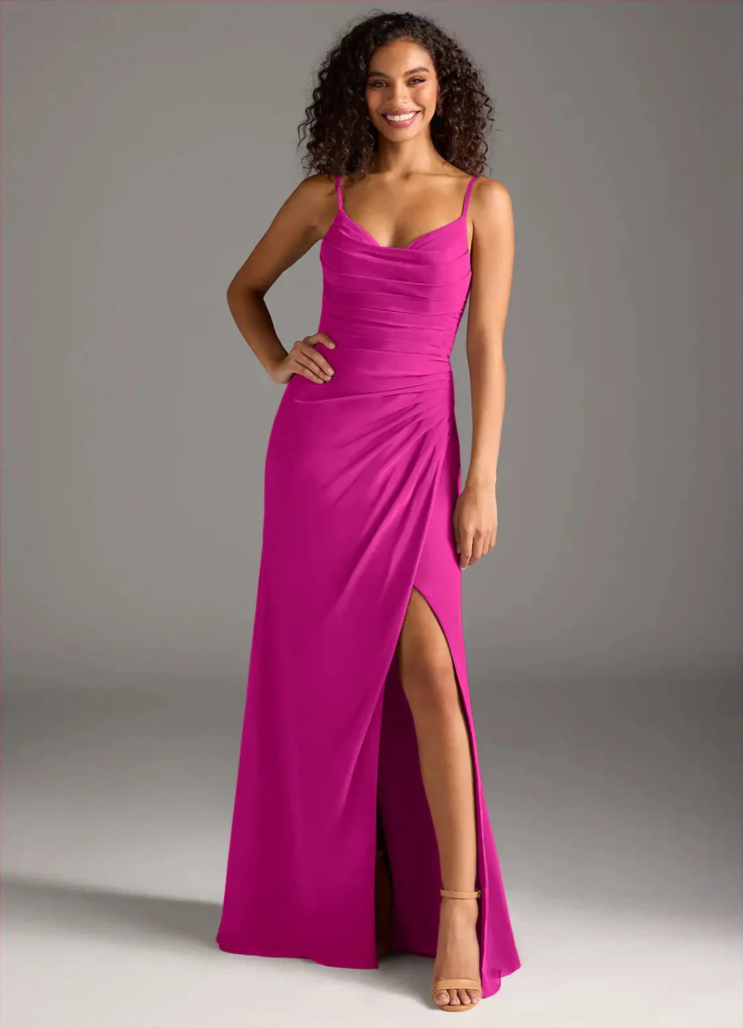 Exquisite Chiffon Form-Fitting Cowl Neck Spaghetti Strap V-Back Floor-Length Bridesmaid Dress with Ruched Waist for Wedding Events