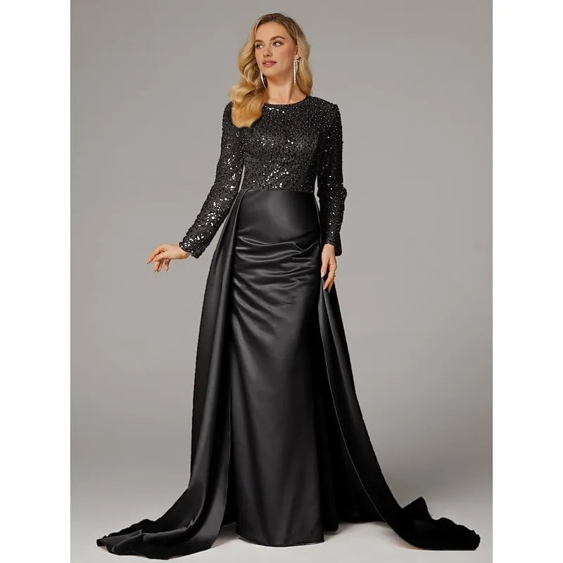 Mermaid Long Sleeve Illusion Neck Overskirt Floor-Length Mother Of The Bride Dress