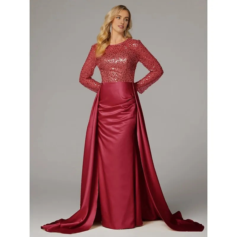 Mermaid Long Sleeve Illusion Neck Overskirt Floor-Length Mother Of The Bride Dress