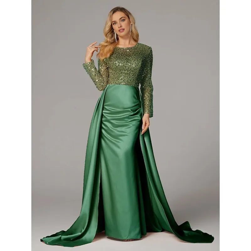Mermaid Long Sleeve Illusion Neck Overskirt Floor-Length Mother Of The Bride Dress