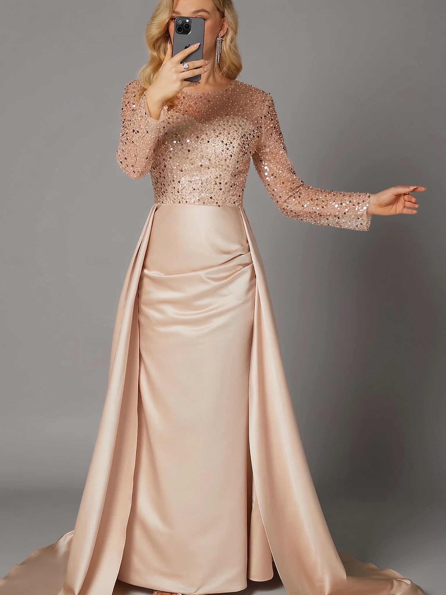 Mermaid Long Sleeve Illusion Neck Overskirt Floor-Length Mother Of The Bride Dress