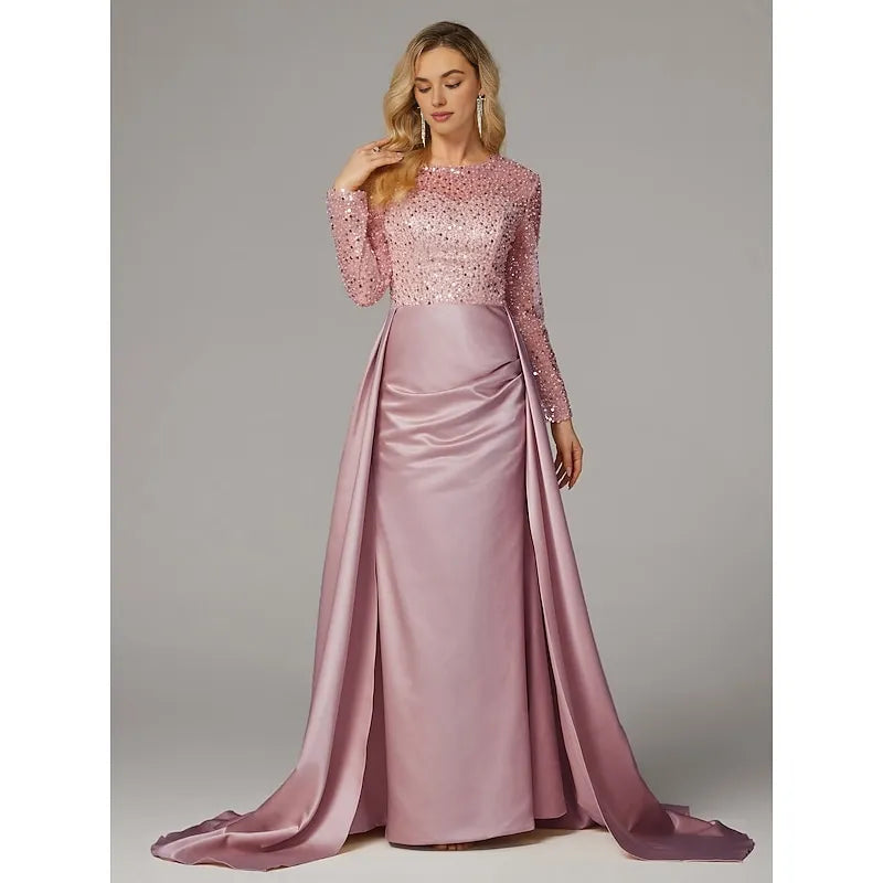 Mermaid Long Sleeve Illusion Neck Overskirt Floor-Length Mother Of The Bride Dress