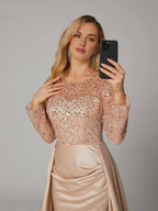 Mermaid Long Sleeve Illusion Neck Overskirt Floor-Length Mother Of The Bride Dress