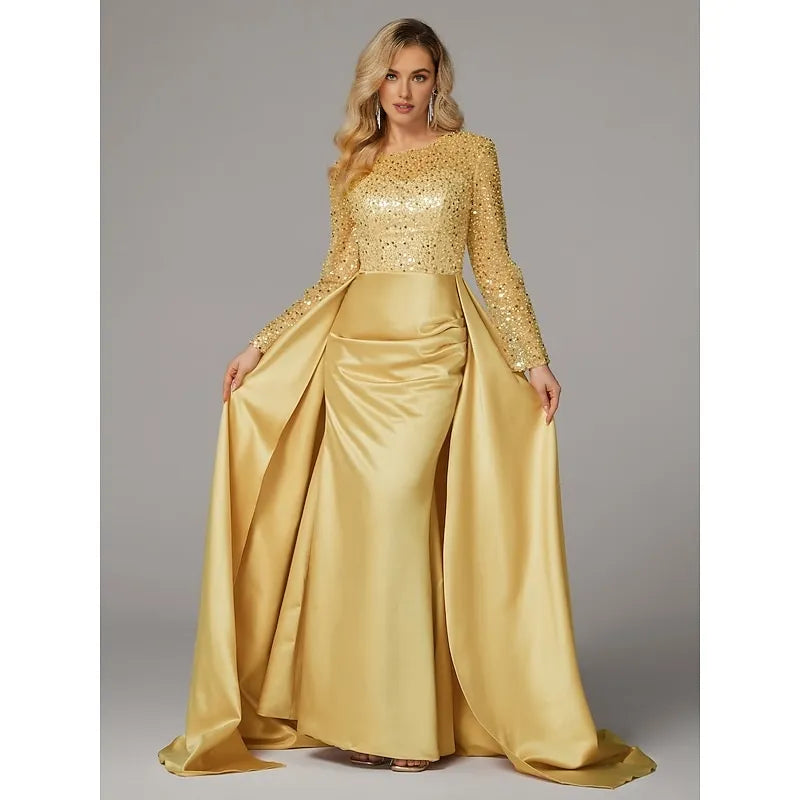 Mermaid Long Sleeve Illusion Neck Overskirt Floor-Length Mother Of The Bride Dress