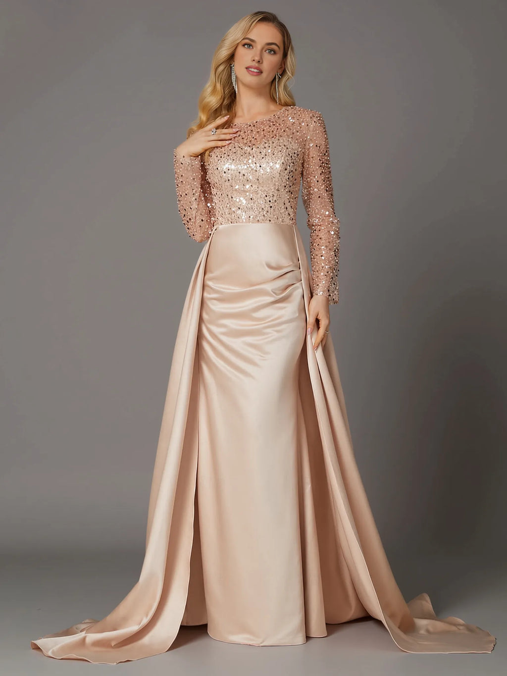 Mermaid Long Sleeve Illusion Neck Overskirt Floor-Length Mother Of The Bride Dress