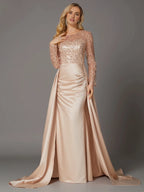Mermaid Long Sleeve Illusion Neck Overskirt Floor-Length Mother Of The Bride Dress