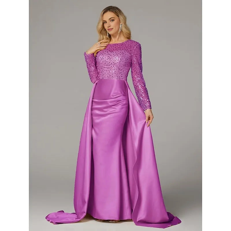 Mermaid Long Sleeve Illusion Neck Overskirt Floor-Length Mother Of The Bride Dress