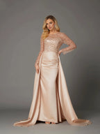 Mermaid Long Sleeve Illusion Neck Overskirt Floor-Length Mother Of The Bride Dress