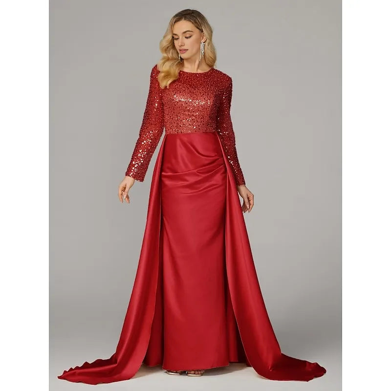 Mermaid Long Sleeve Illusion Neck Overskirt Floor-Length Mother Of The Bride Dress