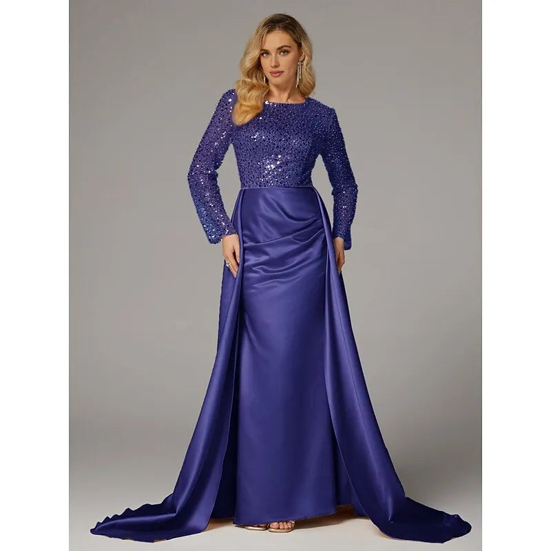 Mermaid Long Sleeve Illusion Neck Overskirt Floor-Length Mother Of The Bride Dress