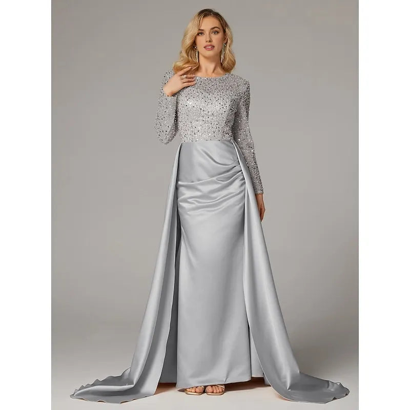 Mermaid Long Sleeve Illusion Neck Overskirt Floor-Length Mother Of The Bride Dress