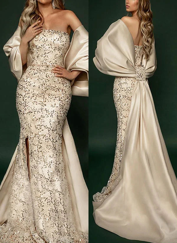 Mermaid Off-The-Shoulder Sleeveless Split Sequins Sweep Train Evening Dress