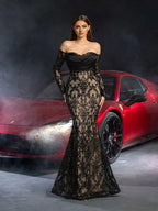 Mermaid Off Shoulder Sheer Sleeves Up Floor-Length Prom Dress