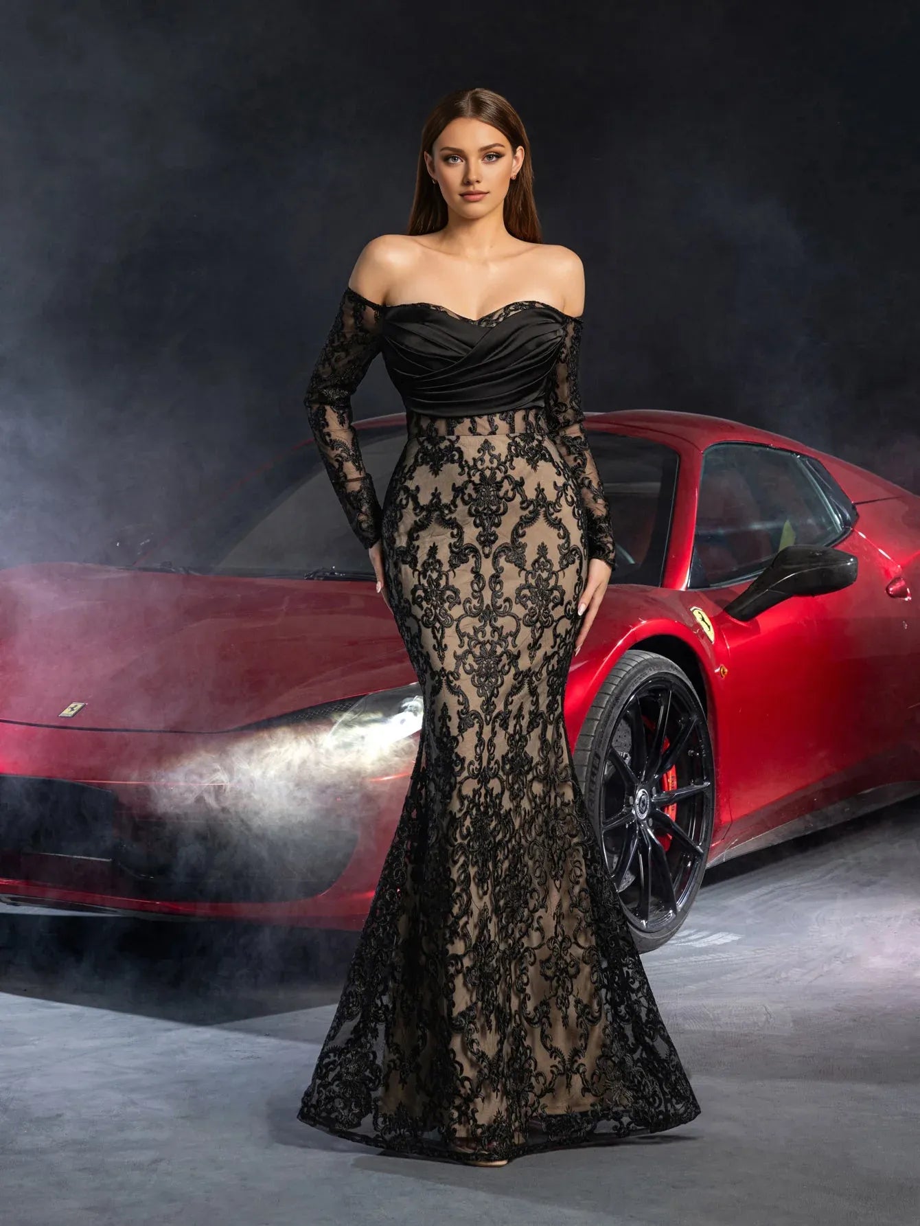 Mermaid Off Shoulder Sheer Sleeves Up Floor-Length Prom Dress