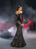 Mermaid Off Shoulder Sheer Sleeves Up Floor-Length Prom Dress