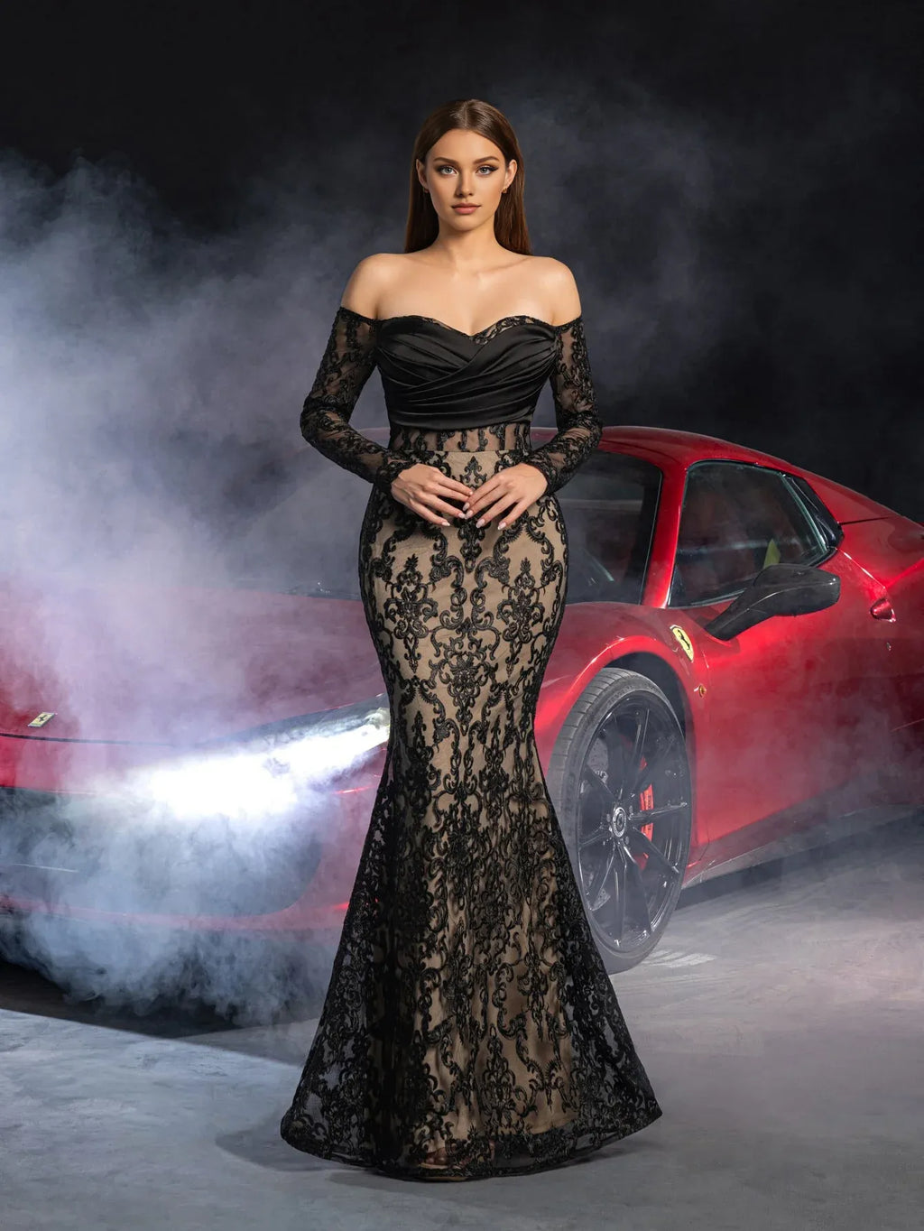 Mermaid Off Shoulder Sheer Sleeves Up Floor-Length Prom Dress
