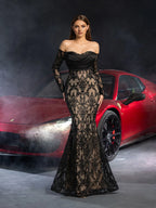 Mermaid Off Shoulder Sheer Sleeves Up Floor-Length Prom Dress