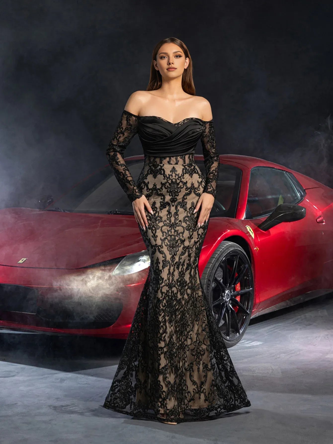 Mermaid Off Shoulder Sheer Sleeves Up Floor-Length Prom Dress