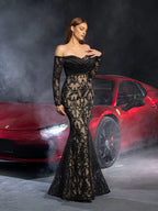 Mermaid Off Shoulder Sheer Sleeves Up Floor-Length Prom Dress