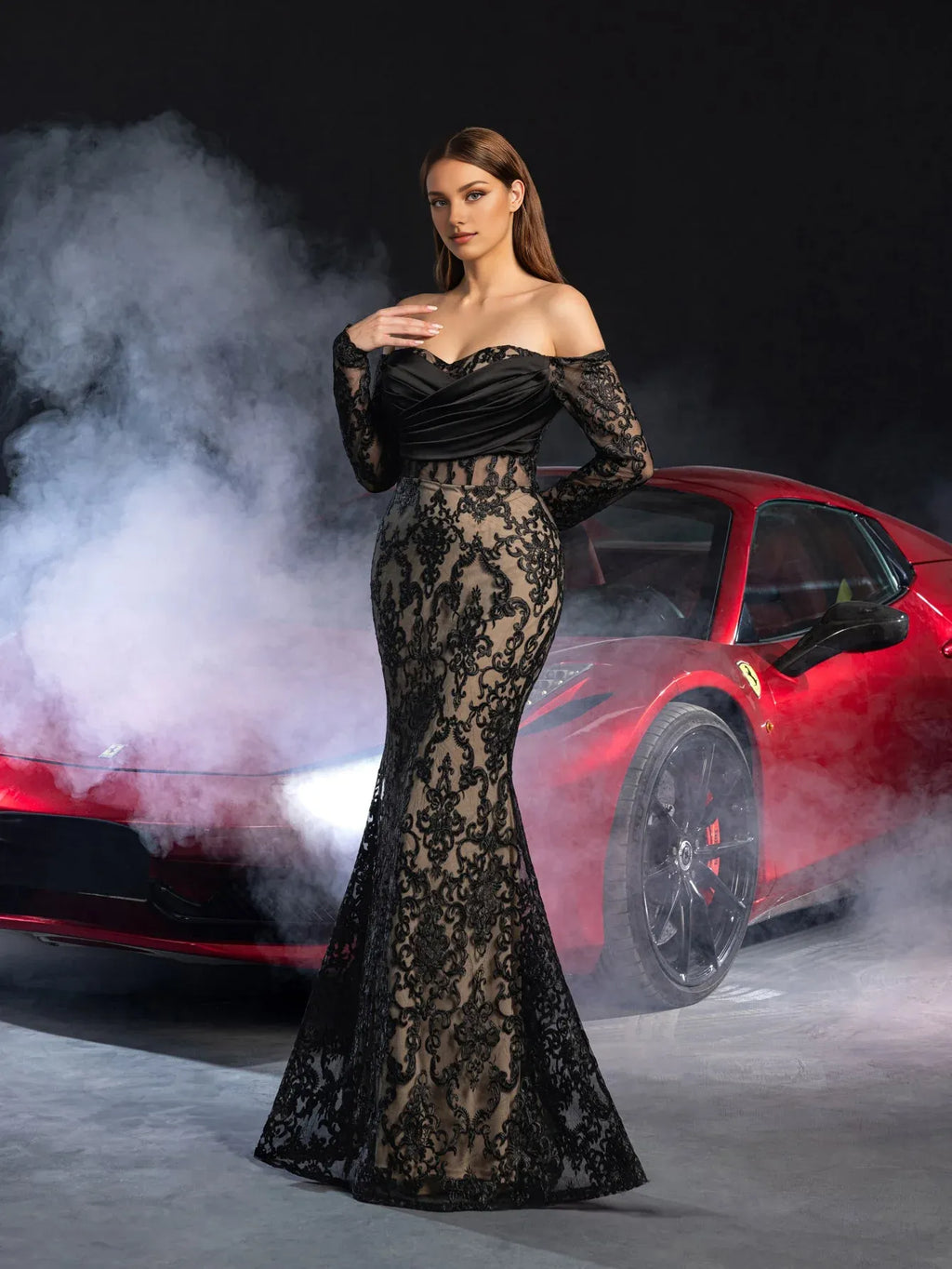 Mermaid Off Shoulder Sheer Sleeves Up Floor-Length Prom Dress