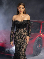Mermaid Off Shoulder Sheer Sleeves Up Floor-Length Prom Dress