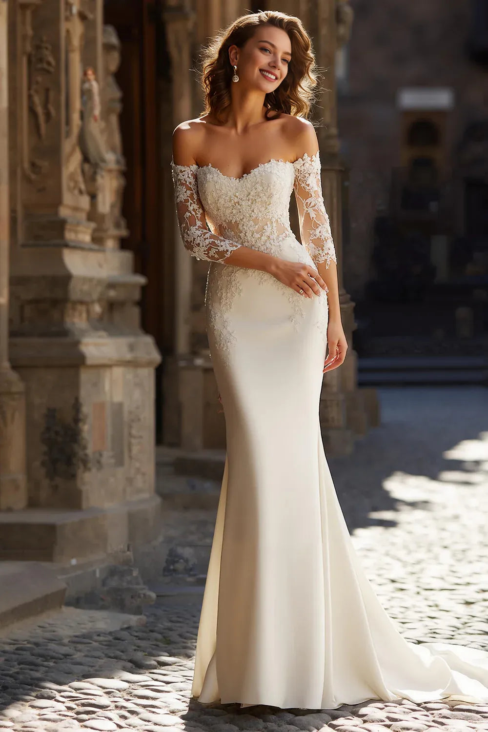 Mermaid/Trumpet Off the Shoulder Long Sleeve Sweep/Brush Train Wedding Dress