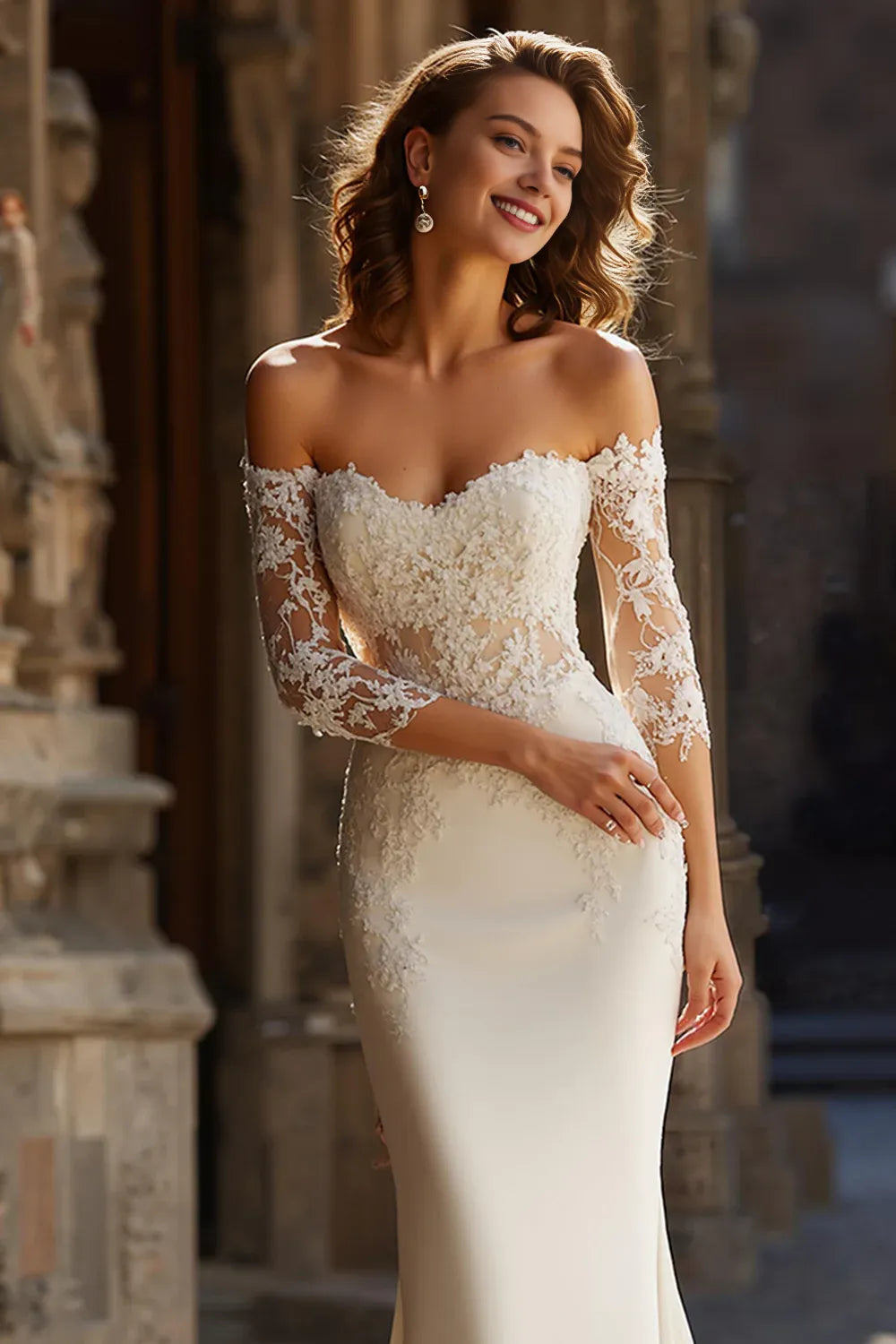 Mermaid/Trumpet Off the Shoulder Long Sleeve Sweep/Brush Train Wedding Dress