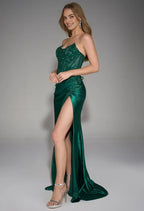 Mermaid U Neck Sleeveless Slit Sequins Glitter Floor Length Prom Dress