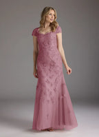 Mermaid V-Neck Cap Sleeves Back Zip Floor-Length Mother of the Bride Dress