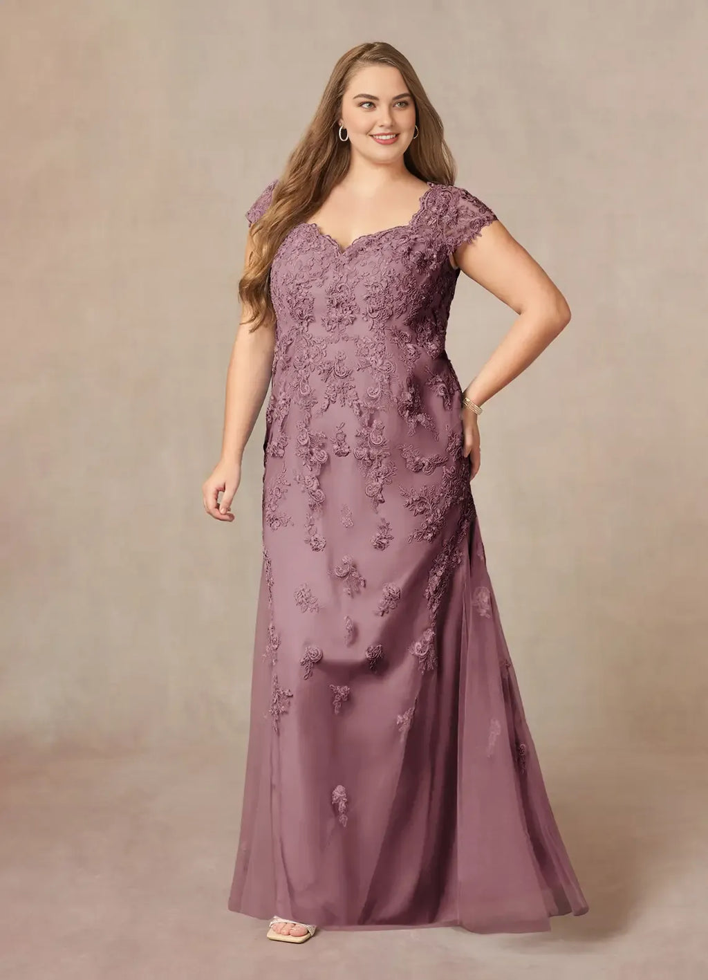 Mermaid V-Neck Cap Sleeves Back Zip Floor-Length Plus Size Mother of the Bride Dress