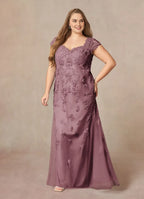 Mermaid V-Neck Cap Sleeves Back Zip Floor-Length Plus Size Mother of the Bride Dress