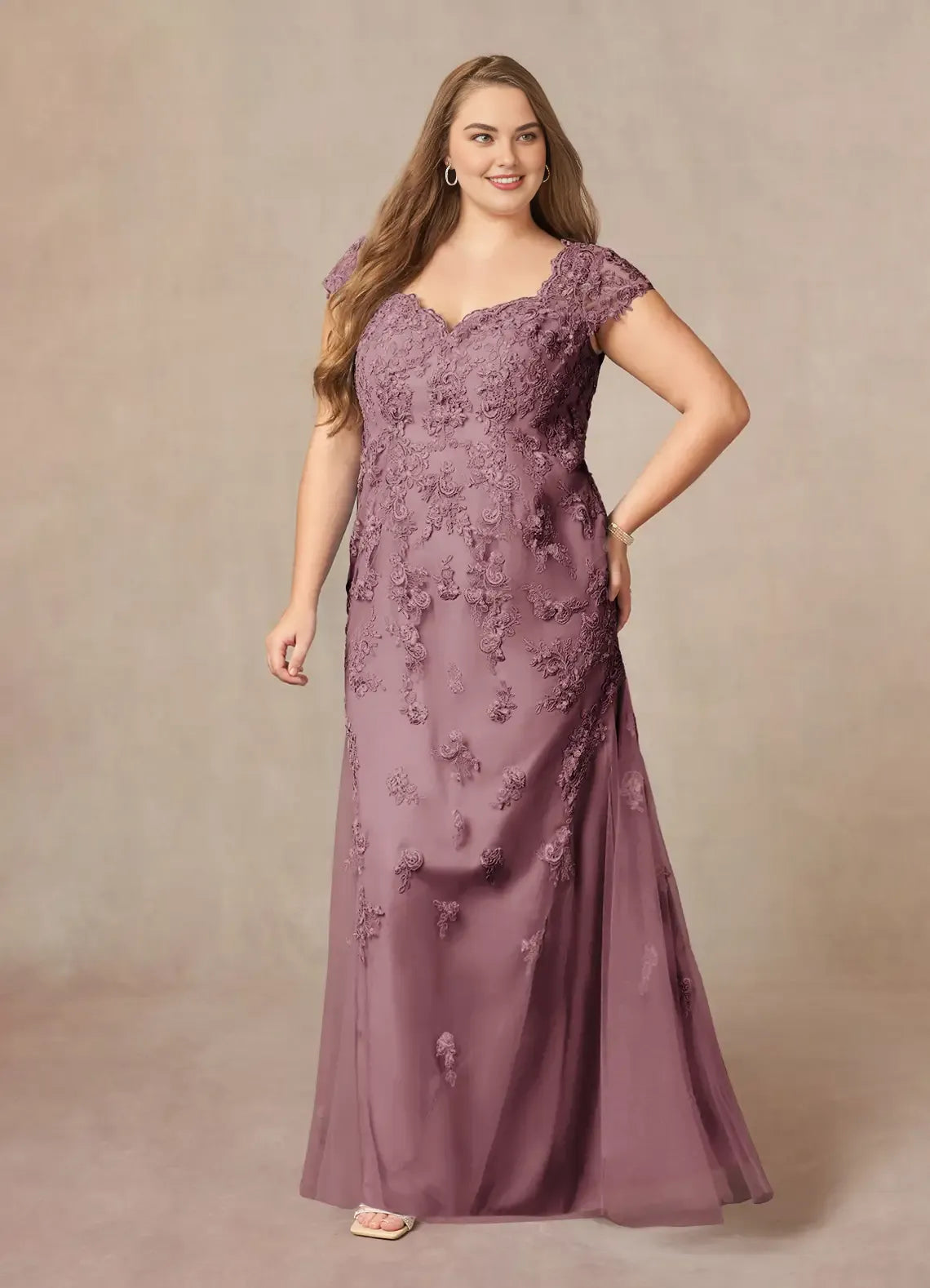 Mermaid V-Neck Cap Sleeves Back Zip Floor-Length Plus Size Mother of the Bride Dress
