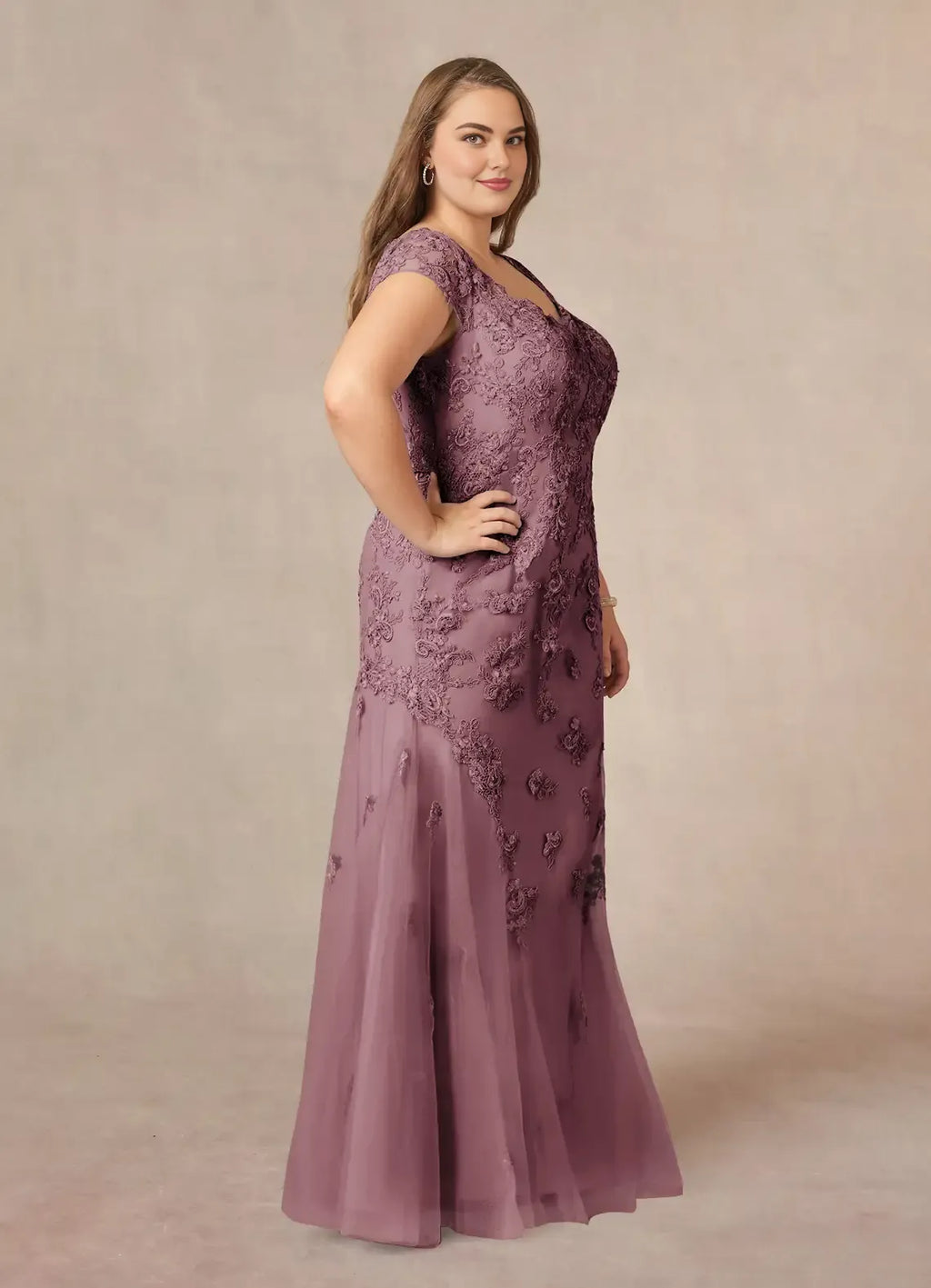 Mermaid V-Neck Cap Sleeves Back Zip Floor-Length Plus Size Mother of the Bride Dress
