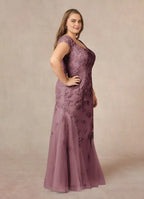 Mermaid V-Neck Cap Sleeves Back Zip Floor-Length Plus Size Mother of the Bride Dress