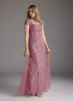 Mermaid V-Neck Cap Sleeves Back Zip Floor-Length Mother of the Bride Dress