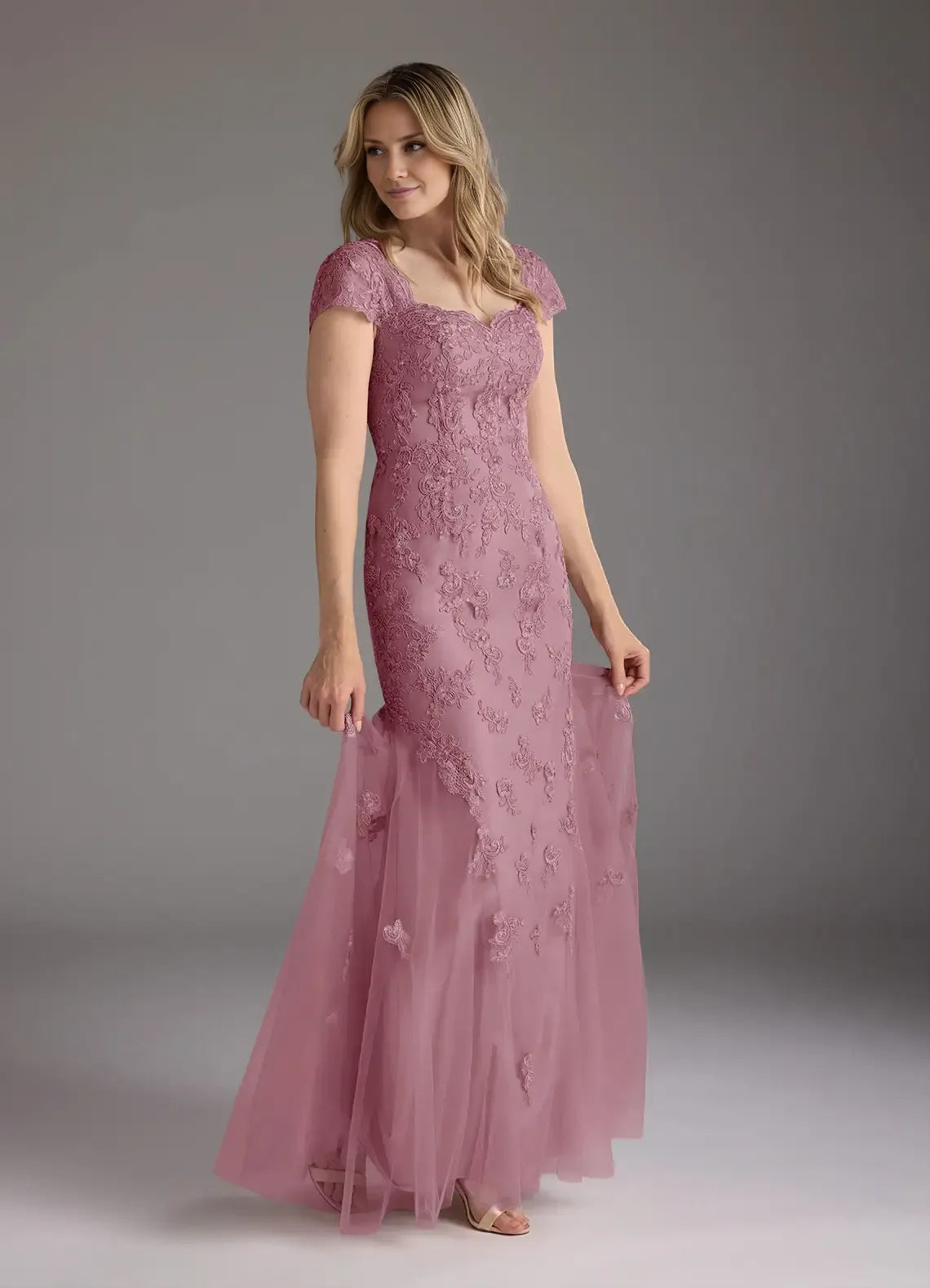Mermaid V-Neck Cap Sleeves Back Zip Floor-Length Mother of the Bride Dress