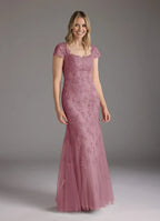 Mermaid V-Neck Cap Sleeves Back Zip Floor-Length Mother of the Bride Dress