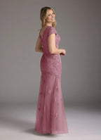 Mermaid V-Neck Cap Sleeves Back Zip Floor-Length Mother of the Bride Dress