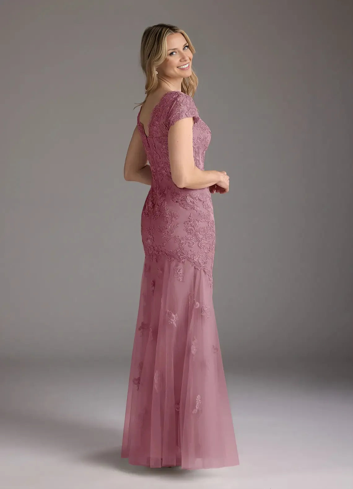 Mermaid V-Neck Cap Sleeves Back Zip Floor-Length Mother of the Bride Dress