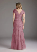 Mermaid V-Neck Cap Sleeves Back Zip Floor-Length Mother of the Bride Dress