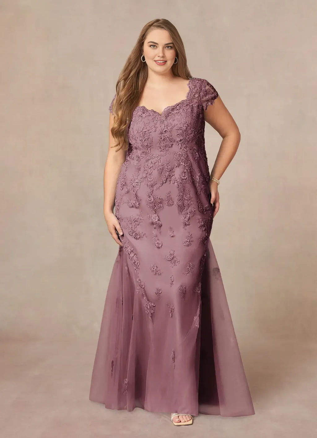 Mermaid V-Neck Cap Sleeves Back Zip Floor-Length Plus Size Mother of the Bride Dress