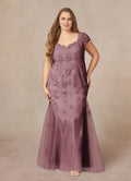 Mermaid V-Neck Cap Sleeves Back Zip Floor-Length Plus Size Mother of the Bride Dress
