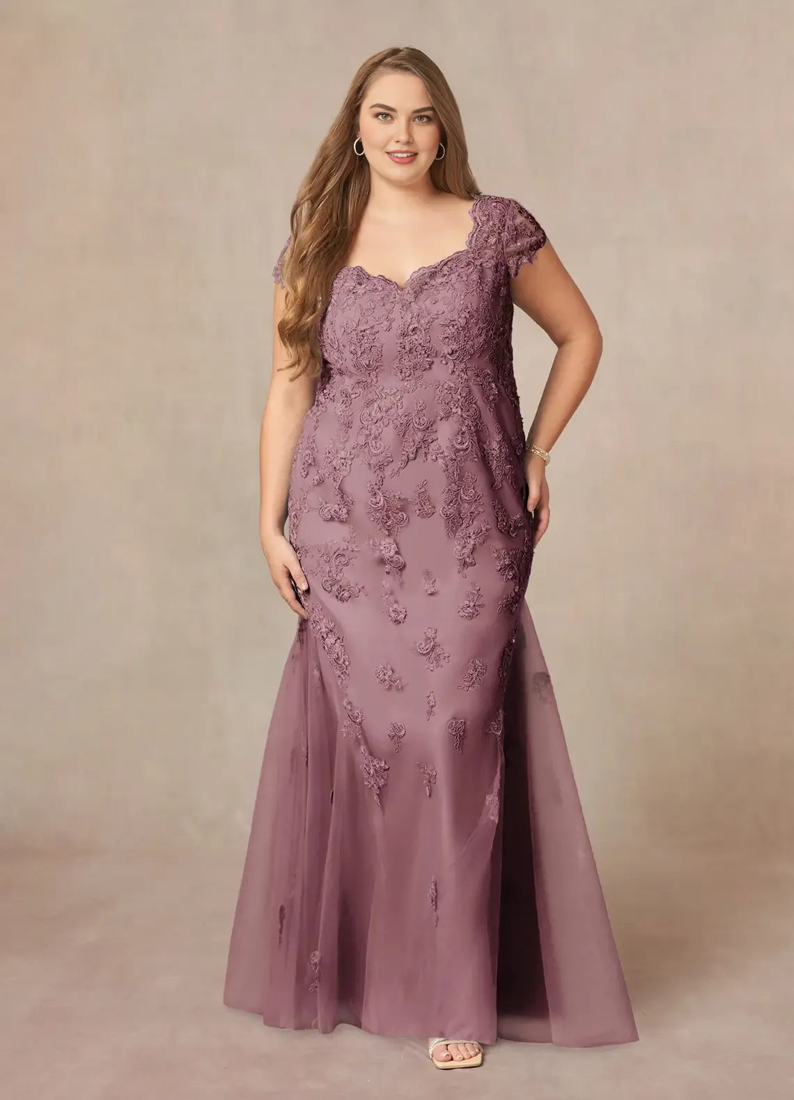Mermaid V-Neck Cap Sleeves Back Zip Floor-Length Plus Size Mother of the Bride Dress