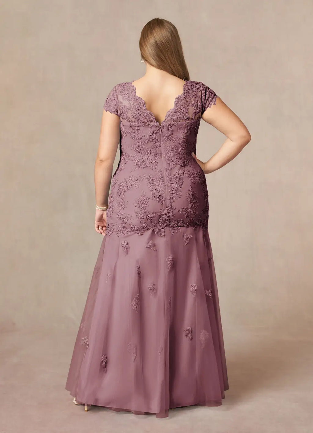 Mermaid V-Neck Cap Sleeves Back Zip Floor-Length Plus Size Mother of the Bride Dress